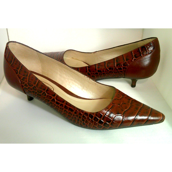 Talbots Women's Kitten Heel Reptile Brown Leather Pumps Pointed Toe 5 1/2 - Picture 1 of 7
